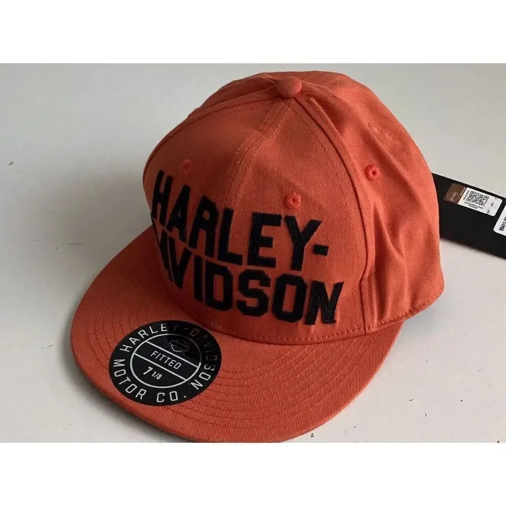 Harley-Davidson Motorcycle Block Letter Fitted Cap Hat Men’s Sz 7 1/8 Orange NEW